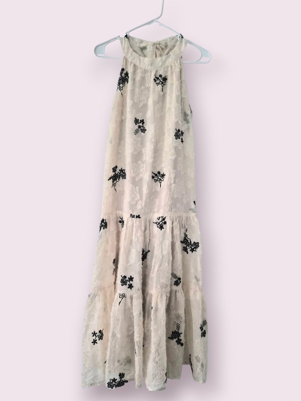 Cream Lace Halter Dress with Black Floral Embroidery